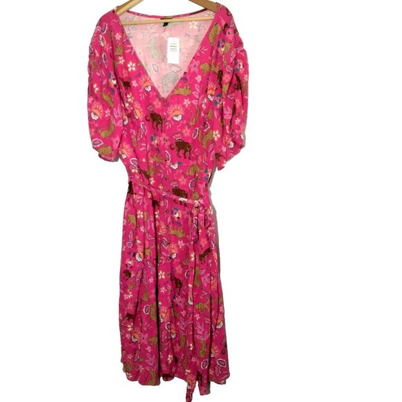 torrid Dresses & Skirts - Torrid Size 5 Plus Size Pink Leopard Dress Midi Rouched Short Sleeve Belted Cat